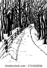 The road in the winter forest. The woman is walking with a small child, leading him by the hand. A lot of trees around. Vector freehand drawing.
graphic black white sketch