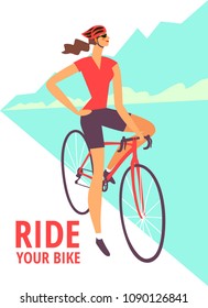 Road woman cyclist poster. Colorful editable vector illustration for your design.