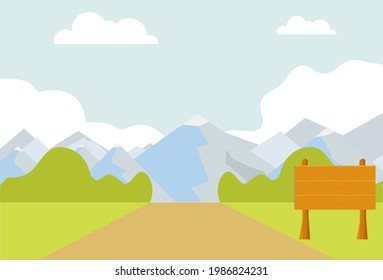 A road with a wooden signpost against the background of a mountain landscape. Vector illustration. Vector.