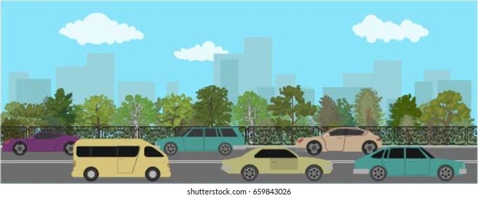 Road in the woods outside the city. Vector illustration of a flat style design