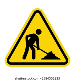 Road work ahead sign. Under construction warning symbol. Traffic safety sign for road maintenance and repairs. Vector illustration.