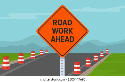 Road Work Ahead Or Under Construction Warning Sign. Flat Vector Illustration Template.