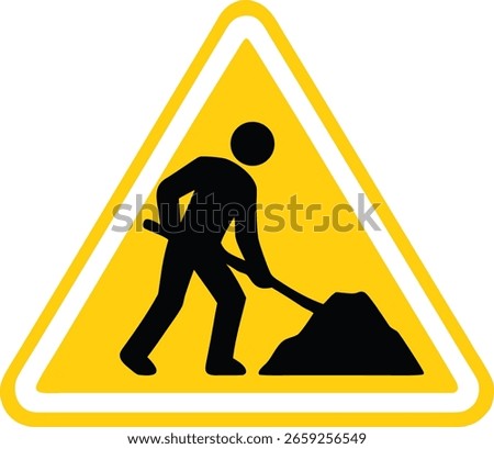 Road Work Ahead Warning Sign Illustrating Construction Workers Digging Soil, Yellow Triangle Symbol Cautioning the Public, Road Safety