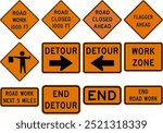 Road Work and Detour Signs Collection Featuring Work Zone, End Road Work, and Flagger Warnings. Road signs in the United States.