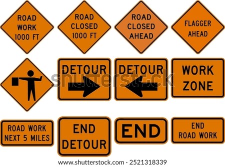 Road Work and Detour Signs Collection Featuring Work Zone, End Road Work, and Flagger Warnings. Road signs in the United States.