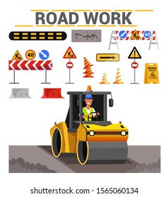 Road work flat vector illustration. Steamroller paving new asphalt. Worker driving in asphalting machine cartoon character. Driver warnings and direction signs. Road pavement improvement