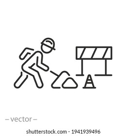 road work icon, construction or maintenance, workman with shovel, warning safety, thin line symbol on white background - editable stroke vector eps10