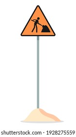 Icono de señalización de trabajo en carretera en colores amarillo y negro. Obra de reparación de signos en un icono de vector de polo metálico para la web aislada sobre fondo blanco en forma de triángulo con una silueta de un hombre con una pala