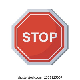 Sinal de trabalho na estrada. Sinal de estrada vermelho com inscrição de parada. Segurança nas estradas e autoestradas. Sinal de informações do driver. Regulamentação e regras de trânsito. Ilustração de vetor plano isolada no plano de fundo branco