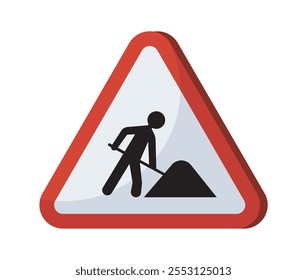 Road work sign. White triangle roadsign with worker with shovel. Safety at roads and highways. Driver information sign. Repair works. Flat vector illustration isolated on white background