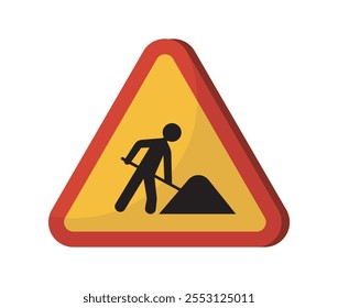 Road work sign. Yellow triangle roadsign with worker. Safety at roads and highways. Driver information sign. Repair works. Flat vector illustration isolated on white background