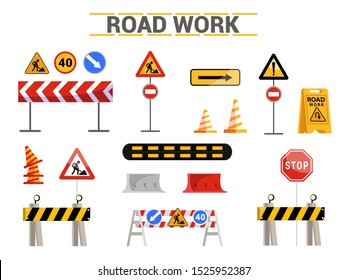 Road work signs flat illustrations set. Drivers warnings, directions pack. Traffic signs, waymarks color icons isolated on white background. Road pavement repair. Traffic safety concept