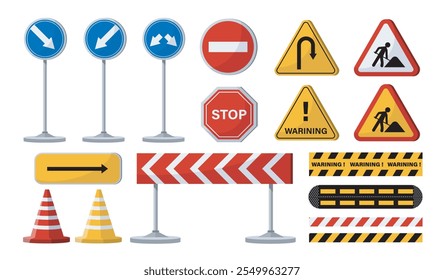 Conjunto de señales de trabajo vial. Paquete de carreteras de construcción. Información para los conductores. Seguridad en carreteras y autopistas. Señales de advertencia. Colección plana del Vector aislada en el fondo blanco