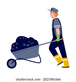 Road Worker Carrying Cart With Asphalt In Flat Style Vector Illustration Isolated On White Background. Road Construction Worker Repairs, Builds Pavement, Road.