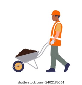 Road worker cartoon character carrying wheelbarrow with ground or asphalt mix isolated on white