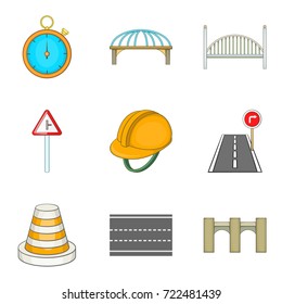 Road worker cons set. Cartoon set of 9 road worker vector icons for web isolated on white background