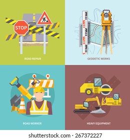 Road Worker Design Concept Set With Heavy Repair Equipment Flat Icons Isolated Vector Illustration