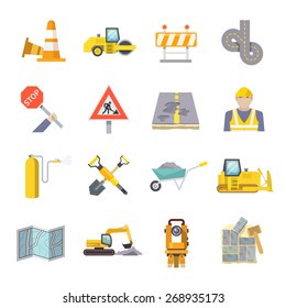 Road worker flat icons set with construction industry symbols and tools isolated vector illustration