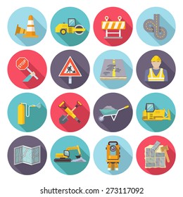 Road worker flat icons set with street repairing tools and warning signs isolated vector illustration