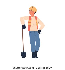 Road Worker in Hard Hat and Orange Vest Standing with Shovel Repairing Street Infrastructure Vector Illustration