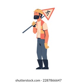 Road Worker in Hard Hat and Orange Vest Carrying Traffic Sign Vector Illustration