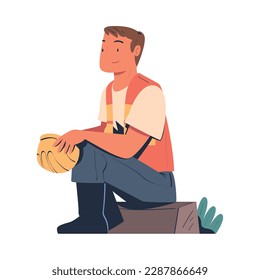 Road Worker with Hard Hat and Orange Vest Sitting on Gravel Repairing Street Infrastructure Vector Illustration