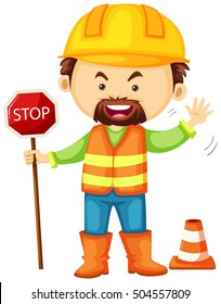 Road Worker Holding Stop Sign Illustration