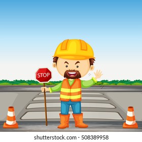 Road worker holding stop sign on the road illustration