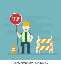 Road Worker Holding Stop Sign. Flat Character.