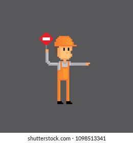 Road worker icon. Pixel art. Old school computer graphic. 8 bit video game. Game assets 8-bit sprite. 16-bit.