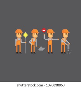 Road worker icon set. Pixel art. Old school computer graphic. 8 bit video game. Game assets 8-bit sprite. 16-bit.