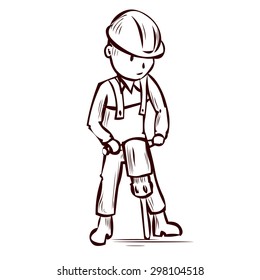 Road worker with a jackhammer road repairs. Hand drawn cartoon vector illustration.
