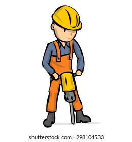 Road worker with a jackhammer road repairs. Hand drawn cartoon vector illustration.