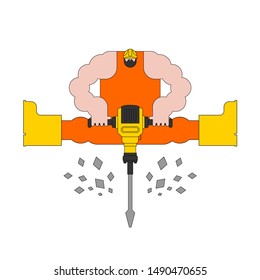 Road worker and jackhammer. Roadman at work. vector illustration