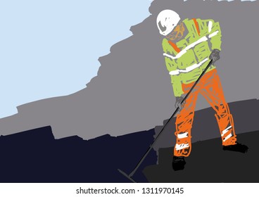 Road Worker Lays Asphalt. Workman In Helmet And Uniform. Colorful Road Industry Illustration. Road Works. Vector.