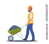 Road worker man character carrying wheelbarrow with ground or asphalt. Road repair, roadworks.