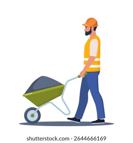Road worker man character carrying wheelbarrow with ground or asphalt. Road repair, roadworks.