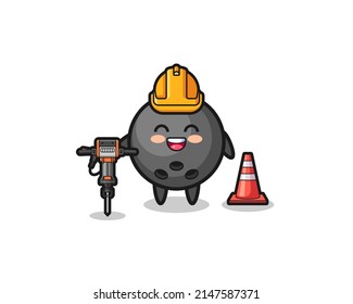 road worker mascot of bowling holding drill machine , cute design