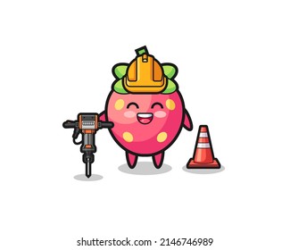 road worker mascot of strawberry holding drill machine , cute design