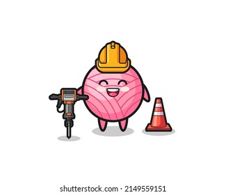 road worker mascot of yarn ball holding drill machine , cute design