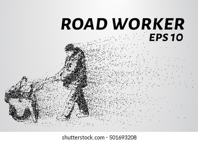 Road worker of the particles. Road worker leveled asphalt. Road work with roller.
