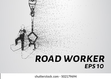 Road worker of the particles. Road worker puts a curb.