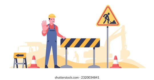Road worker prohibits passage because street repair work is in progress. Highway renovation. Barrier or roadside digging sign. Roadway engineering. Workman in overalls