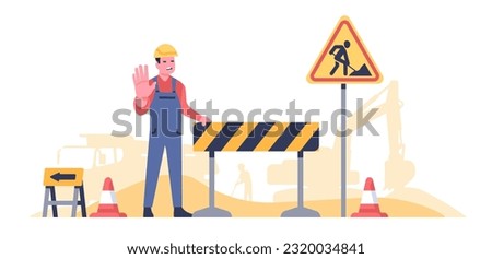 Road worker prohibits passage because street repair work is in progress. Highway renovation. Barrier or roadside digging sign. Roadway engineering. Workman in overalls Foto stock © 