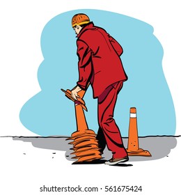 Road worker puts traffic cones. Cartoon hand drawing illustration