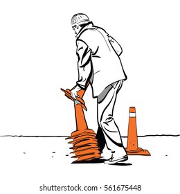 Road worker puts traffic cones. Cartoon hand drawing illustration