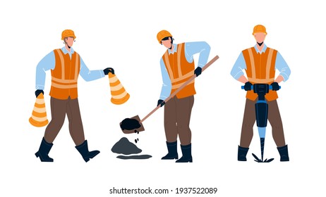 Road Worker Repairing Street Infrastructure Vector. Road Worker In Uniform Carrying Cones, Drilling And Patching Hole In Asphalt. Characters Builders Working Together Flat Cartoon Illustration