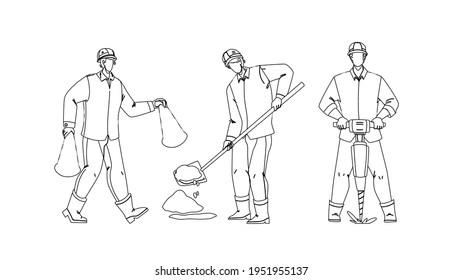 Road Worker Repairing Street Infrastructure Black Line Pencil Drawing Vector. Road Worker In Uniform Carrying Cones, Drilling And Patching Hole In Asphalt. Characters Builders Working Together 