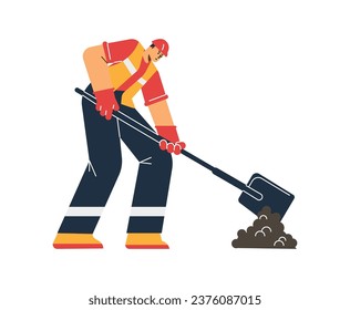 Straßenarbeiter mit Schaufel, Vektorgrafik in flachem Stil. Einzeln auf weißem Hintergrund. Highway-Arbeiter in einem Helm und spezielle Kleidung mit Werkzeug, einfache Zeichnung.