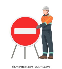 A Road Worker Stands At A No-traffic Sign. Road Signs. Travel Ban.
Vector Illustration